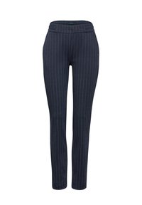 Marineblauwe gestreepte broeken van een zachte, textuurachtige stof. Heeft een brede tailleband, slanke pasvorm en verticale streepjes voor extra detail.