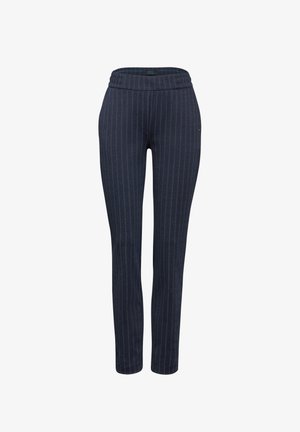 Pantalons à rayures bleu marine en tissu doux et texturé. Caractéristiques : taille large, coupe slim et rayures verticales pour plus de détails.