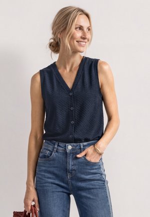 Street One TOP WITH V-NECK AND DECORATIVE BUTTON PLACKET - Smanicato - darkest blue