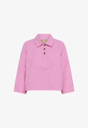 Roza jakna s črtami, ovratnim izrezom, zapiranjem na tri gumbe in dvema sprednjima žepoma. Narejena iz teksturirane tkanine z neformalnim krojem.