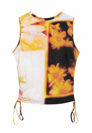 Bezrekawnik z kwiatowym nadrukiem w odcieniach żółci i pomarańczu. Posiada marszczenia po bokach oraz regulowane sznureczki na dole. Gładka tkanina.