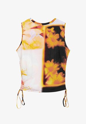 Mouwloze top met een bloemenprint in gele en oranje tinten. Heeft zijscherping en verstelbare trekkoorden aan de zoom. Gladde stof.