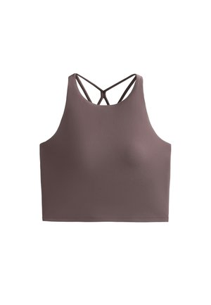 Brown sports bra with a high neckline and crisscross strap design on the back. Made of smooth, stretchy fabric, it offers a fitted silhouette.