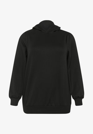 Sudadera negra de tejido suave, con una pequeña capucha redondeada, mangas largas con puños elásticos y una cintura acanalada. Sin patrones ni acentos.