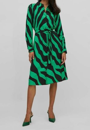 Robe chemise rayée verte et noire avec une taille ceinturée, des manches longues, une fermeture à boutons et une texture lisse. Portée avec des talons verts assortis.