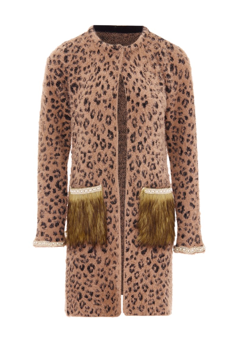 Leopárdmintás kabát puha barna anyagból, műszőrme zsebekkel, csipke díszítéssel és nyitott elülső kialakítással. Hosszú ujjú és térdhosszú.