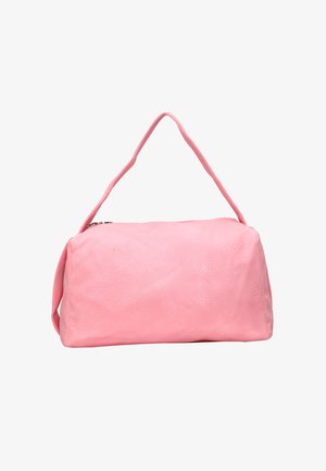 Borsa a mano in pelle rosa con forma strutturata, manico superiore singolo e superficie liscia e testurizzata. Dotata di chiusura a zip.