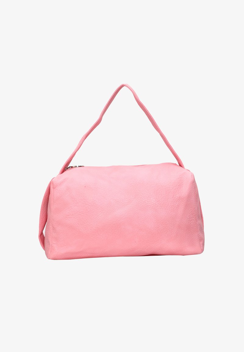Sac à main en cuir rose avec une forme structurée, une poignée supérieure unique et une surface lisse et texturée. Dispose d'une fermeture éclair.
