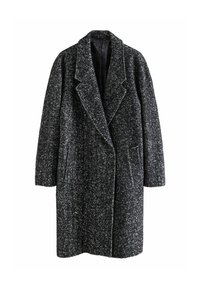 Manteau en mélange de laine noir et blanc à motifs épars, avec un large col, deux poches avant et une fermeture à double bouton.