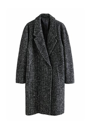 Schwarz-weißer gesprenkelter Wollmischmantel mit breitem Revers, zwei Vordertaschen und doppelter Knopfverschluss.