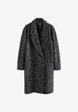 Schwarz-weißer gesprenkelter Wollmischmantel mit breitem Revers, zwei Vordertaschen und doppelter Knopfverschluss.