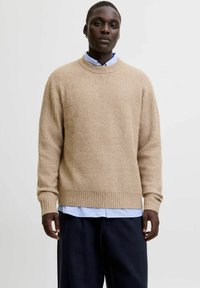 Beige ribbed knit sweater with a crew neckline, paired with a light blue button-up shirt underneath. Wool-like texture, relaxed fit.