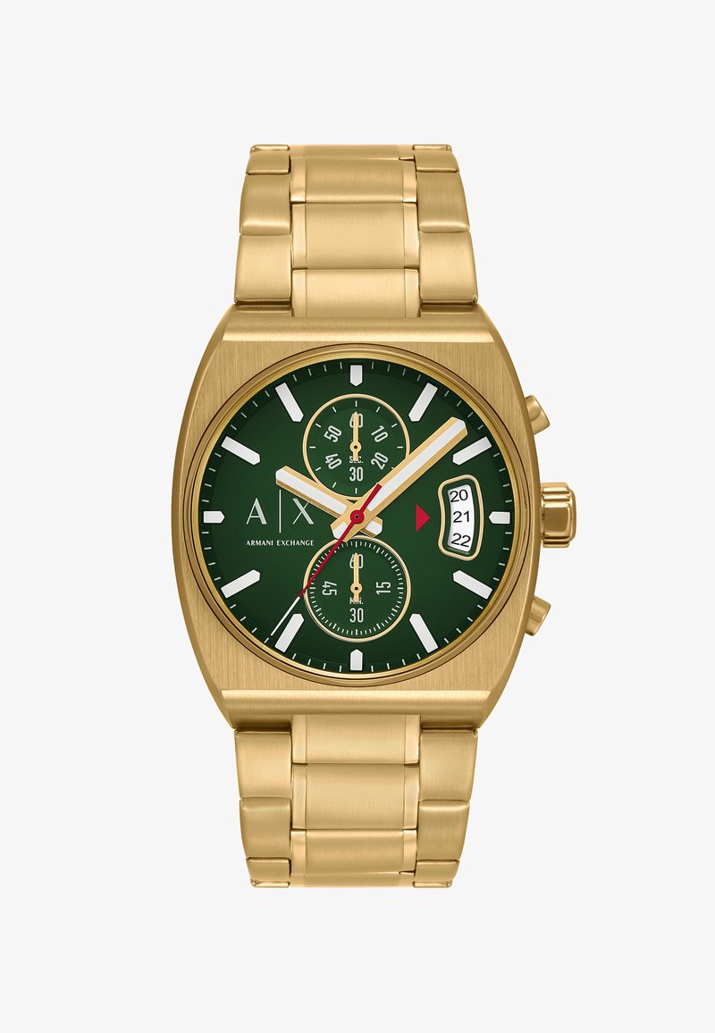 Montre-bracelet en métal doré avec cadran vert, index des heures blancs, sous-cadrans de chronographe, aiguille des secondes rouge et fenêtre de date affichant 20-22.