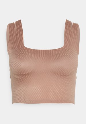 Bra top in a soft, textured rose color with a square neckline and wide shoulder straps, featuring a subtle diamond pattern throughout.