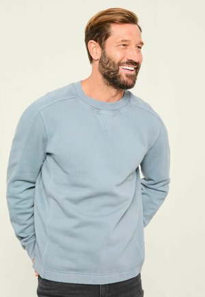 Hellblaues Sweatshirt aus weichem Baumwollmaterial. Verfügt über einen Rundhalsausschnitt, lange Ärmel, gerippte Bündchen und Seitennähte für einen lässigen Schnitt.