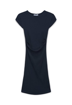 Abito corto a maniche corte blu navy con scollo a girocollo e arricciature laterali, lunghezza al ginocchio, vestibilità slim.