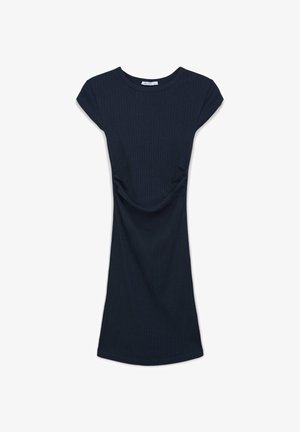 Abito corto a maniche corte blu navy con scollo a girocollo e arricciature laterali, lunghezza al ginocchio, vestibilità slim.