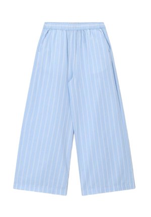 Light blue wide-leg pants with vertical white stripes, elastic waistband, and side pockets, designed for casual wear.