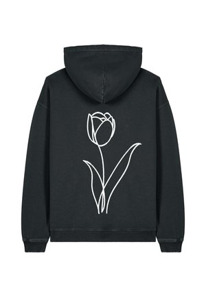 Felpa nera con cappuccio con un disegno in linea minimalista bianco di un fiore di tulipano sulla schiena.