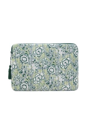 Housse de portable matelassée avec un motif floral vert sur un fond gris clair ; comporte une fermeture éclair verte et un accent en pompon.