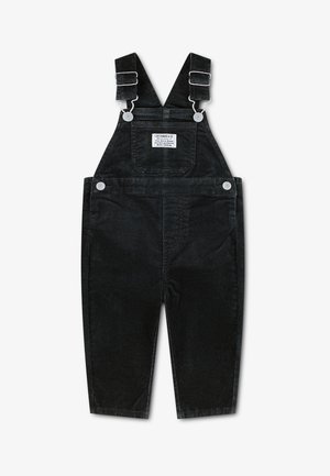 Czarne jeansowe ogrodniczki dla małych dzieci z regulowanymi szelkami na ramionach i kieszenią z przodu z metką Levi Strauss & Co.