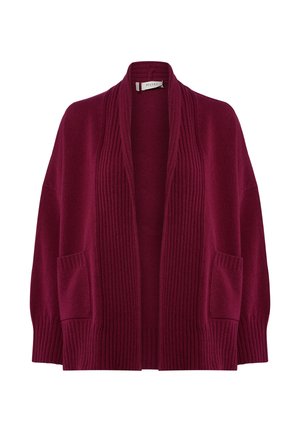 Burgundy knit cardigan with an open front, ribbed details, and two front pockets. Textured fabric with wide sleeves.