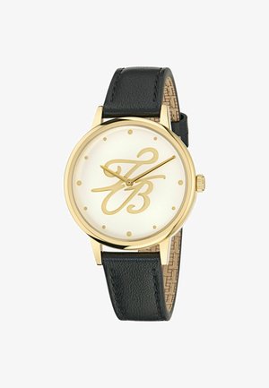 Goudkleurig horloge met een witte wijzerplaat, zwarte leren band en een cursieve 'FB' logo in het midden. Bevat gouden uurmarkeringen en een gestructureerde achterkant.