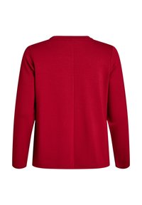 Duga majica tamnocrvene boje s dugim rukavima prikazana s leđa, s centralnom šavom i ravnim rubom.