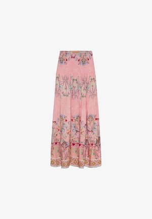 Jupe longue rose avec des motifs floraux en bleu, vert et rouge. Confectionnée dans un tissu léger, avec une taille froncée et un ourlet décoratif.