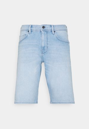 Light blue denim shorts with a straight cut, five-pocket design, button closure, and stitched hem. Smooth texture without distressing.