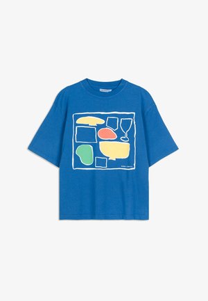 Blue cotton t-shirt with short sleeves featuring a geometric print in yellow, orange, green, and white, outlined in white.