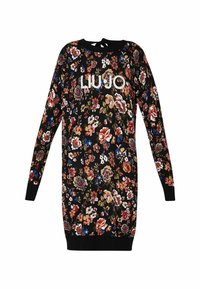 Černé květinové šaty s výrazným vícemořeným květinovým vzorem, dlouhými rukávy, žebrovanými manžetami a bílým logem "LIU•JO" na přední straně.