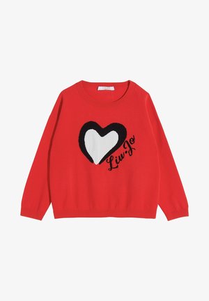 Maglione lavorato a maglia rosso con un design a cuore bianco e nero e testo "Liv Jo". Collo rotondo, maniche lunghe e orlo a coste.