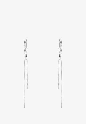 Silberohrringe mit einem Haken-Design, bestehend aus einer eleganten, glatten Kette und einer zarten Perlenkette, die beide herabhängen.