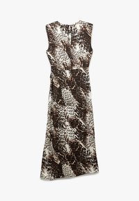 Ärmelloses Maxikleid mit einem weißen Grundton, braunem und schwarzem Tiermuster, glattem Stoff und einer Schlitzöffnung am Rücken.