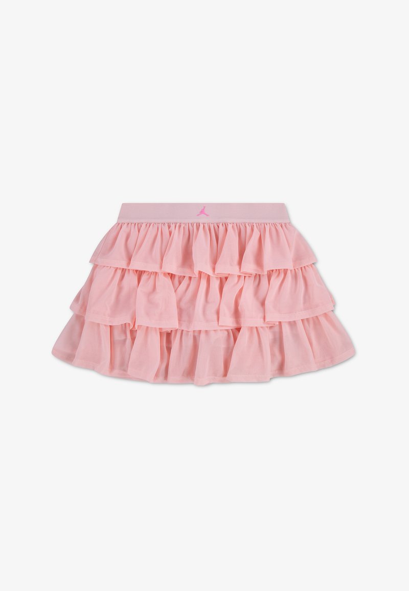 Jupe à volants rose à plusieurs volants avec une taille élastique et un petit logo Jumpman centré à l'avant.