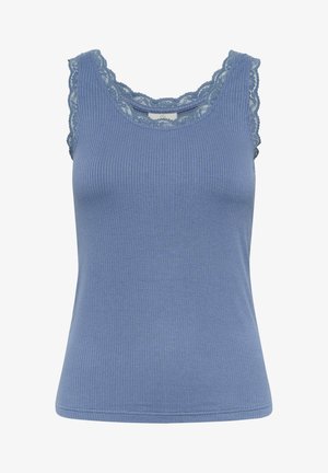 Blauw geribbelde tanktop met kantafwerking langs de halslijn en armgaten, met een getailleerd ontwerp en zacht textiel.