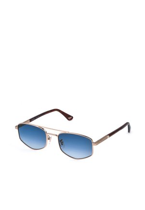 Lunettes de soleil à monture dorée avec verres rectangulaires dégradés bleus et branches marron foncé, présentées en angle sur fond blanc.