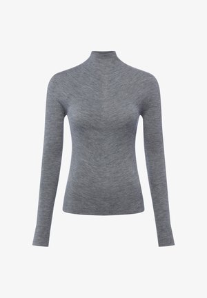 Grijze geribbelde coltrui met lange mouwen, een aansluitend ontwerp en gestructureerde stof, met een hoge hals en subtiele naaddetails.