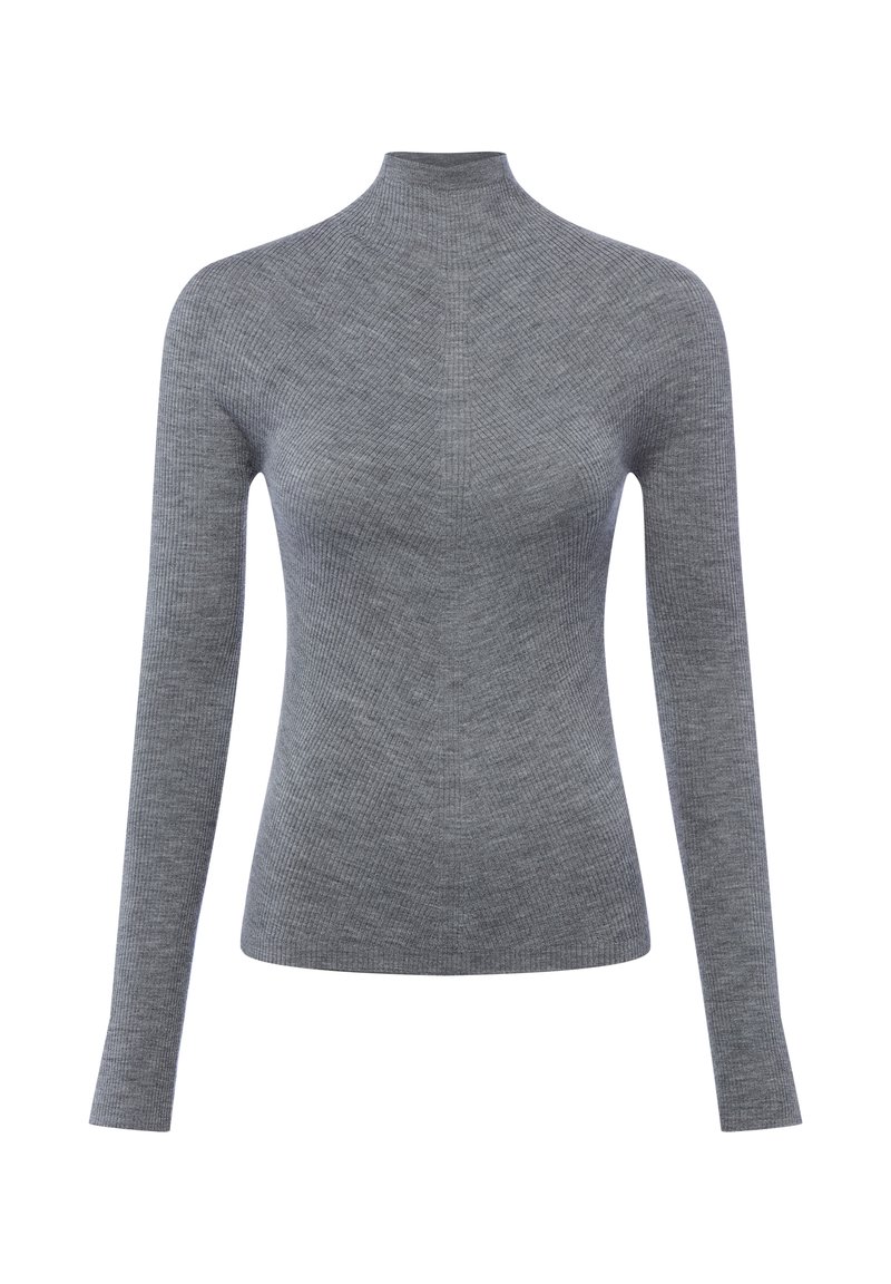 Maglione a collo alto grigio a coste con maniche lunghe, design aderente e tessuto strutturato, caratterizzato da un collo alto e sottili dettagli di cucitura.