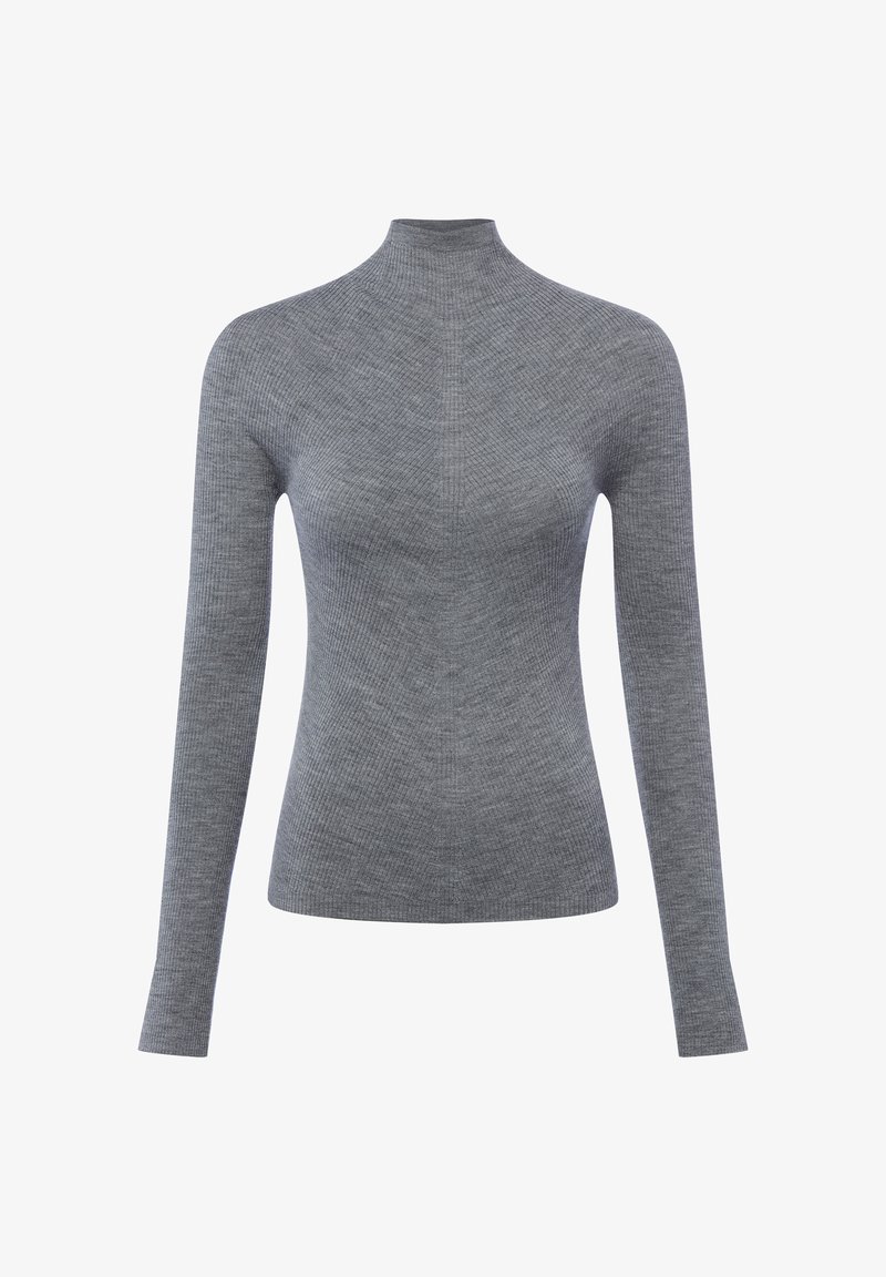 Maglione a collo alto grigio a coste con maniche lunghe, design aderente e tessuto strutturato, caratterizzato da un collo alto e sottili dettagli di cucitura.