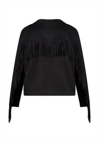 Zwarte suèdeleren jas met lange franjes langs de schouders en mouwen, voorzien van een ontspannen pasvorm en minimalistisch ontwerp.