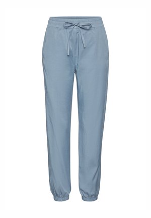 Hellblaue Freizeithose mit elastischem Bund, verstellbarem Kordelzug, Seitentaschen und elastischen Bündchen an den Knöcheln.