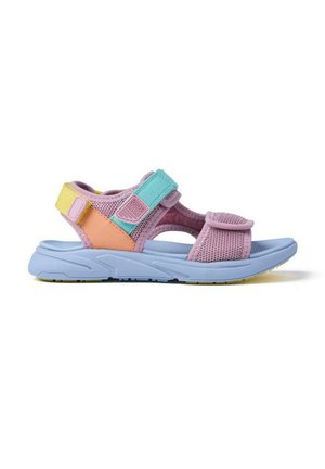 Sandalias de malla en morado y azul con correas ajustables; cuentan con detalles en amarillo y naranja, suela texturizada para mayor agarre y cierre de velcro.