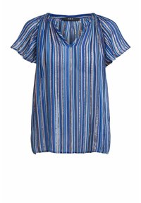 Blusa corta a maniche corte di colore blu con strisce verticali in varie tonalità di blu, accentuate da sottili linee metalliche e scollo a V.