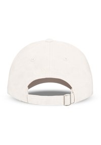 Gorra de béisbol de algodón beige claro con correa ajustable, presenta un logo bordado en la parte posterior y forma redondeada. Textura suave.