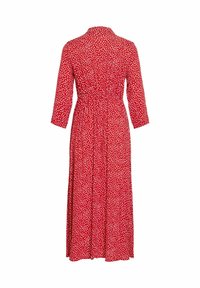 Robe midi rouge à manches longues avec motif de points blancs irréguliers, taille cintrée et col montant, vue de dos.