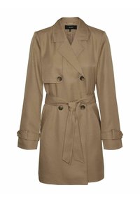 Tan trenchcoat van soepel materiaal, met dubbele knopen, een ceintuur in de taille en schouderepauletten.