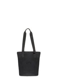 Bolsa tote negra con tela texturizada, asas dobles y un diseño sencillo. Presenta una forma estructurada y detalles mínimos de herrajes.