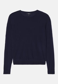Maglione a maniche lunghe blu navy realizzato in morbido tessuto a maglia. Presenta un collo rotondo e polsini e orlo a coste. Design semplice e classico.